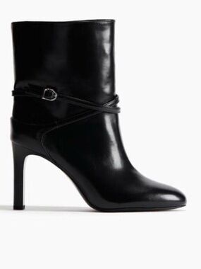 H&M Black Leather Heel Wrap-Ankle Boots